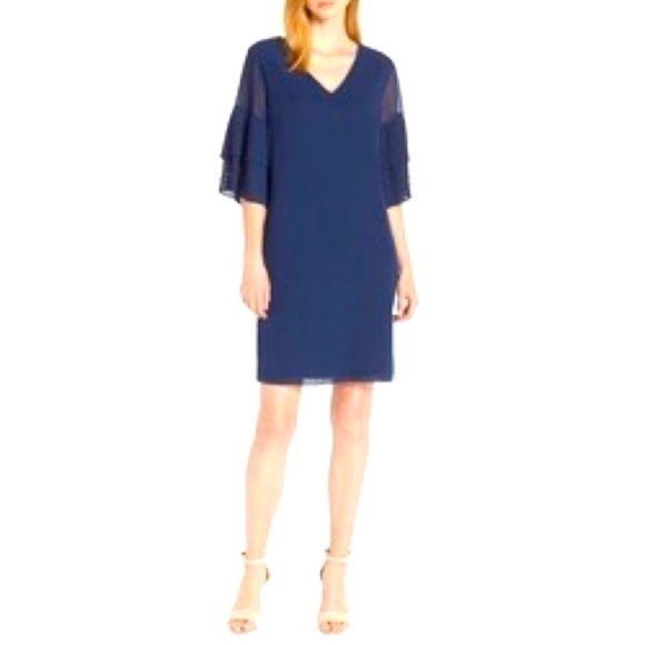 Sam Edelman Pleat Sleeve Navy Chiffon Shift Dress Size 8 - Picture 1 of 8